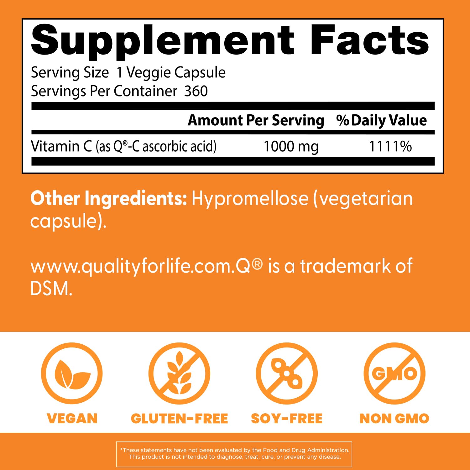 Supplement facts panel showing 1000 mg Vitamin C per serving
