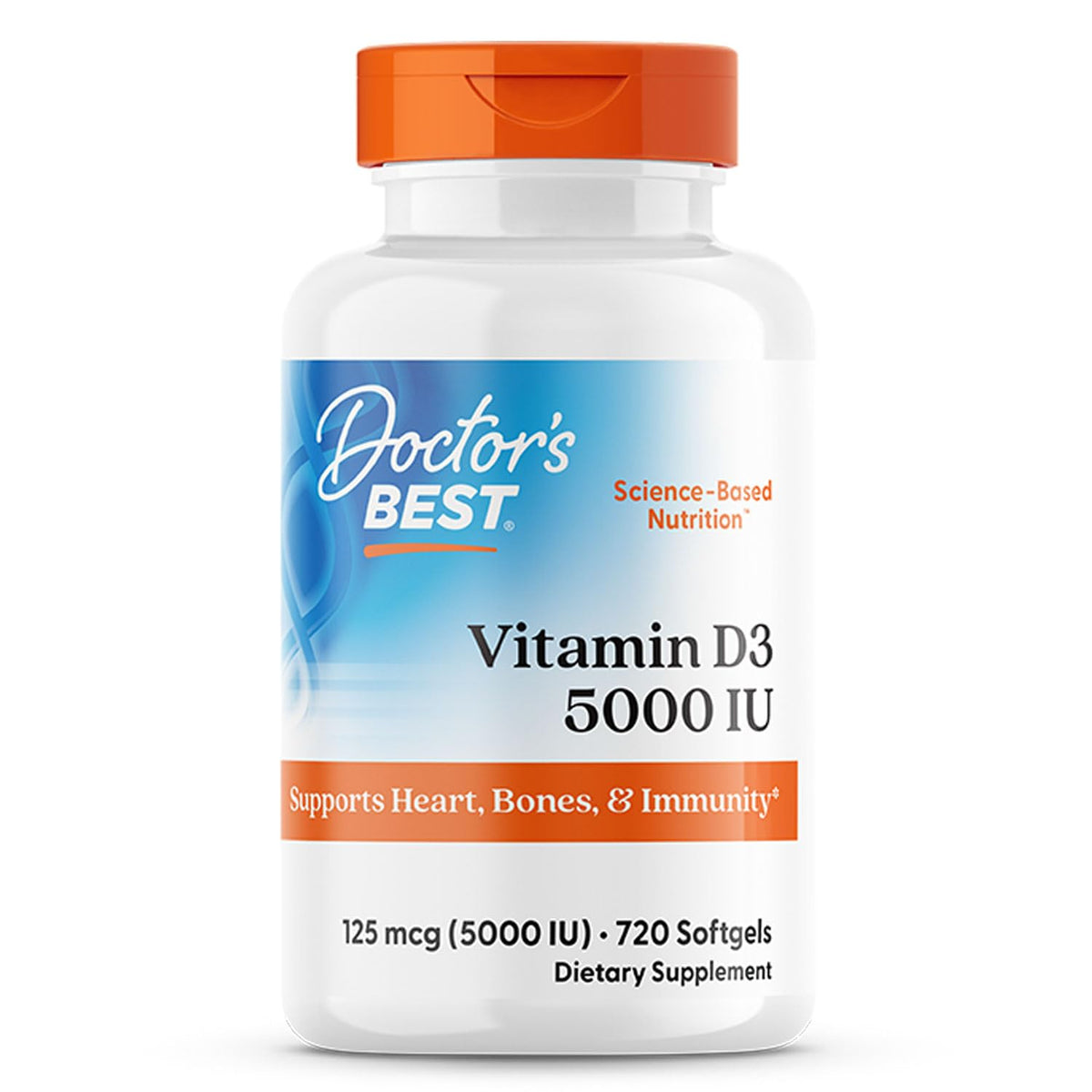 Doctors Best Vitamin D3 5000 IU capsules highlighting bone health support