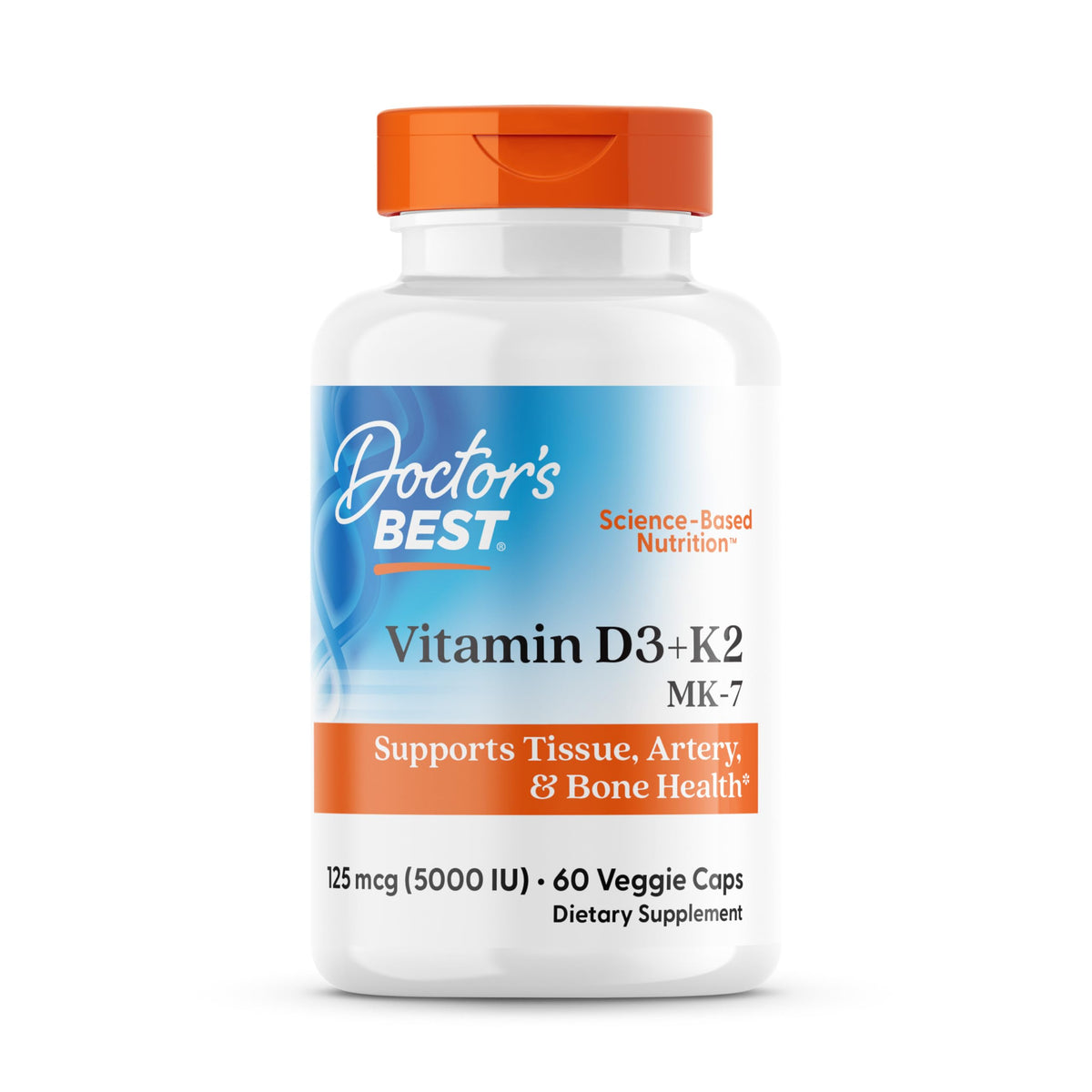Bottle of Doctor's Best Vitamin D3 + K2 with 60 veggie caps