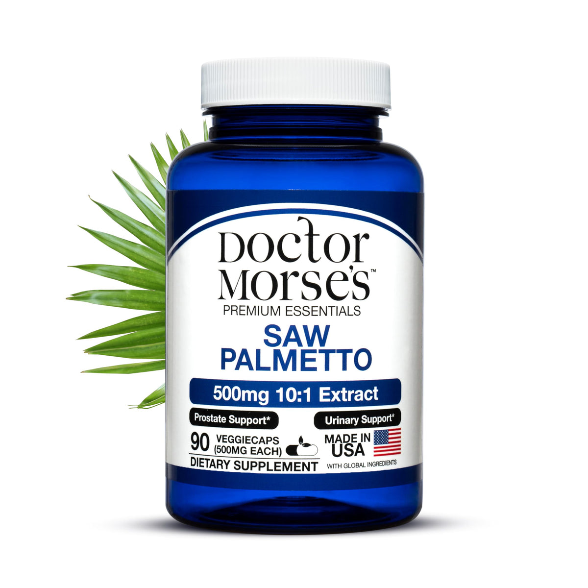 Bottle of Doctor Morse Saw Palmetto 10 to 1 extract, 500mg (equivalent to 5000mg) 90 capsules.