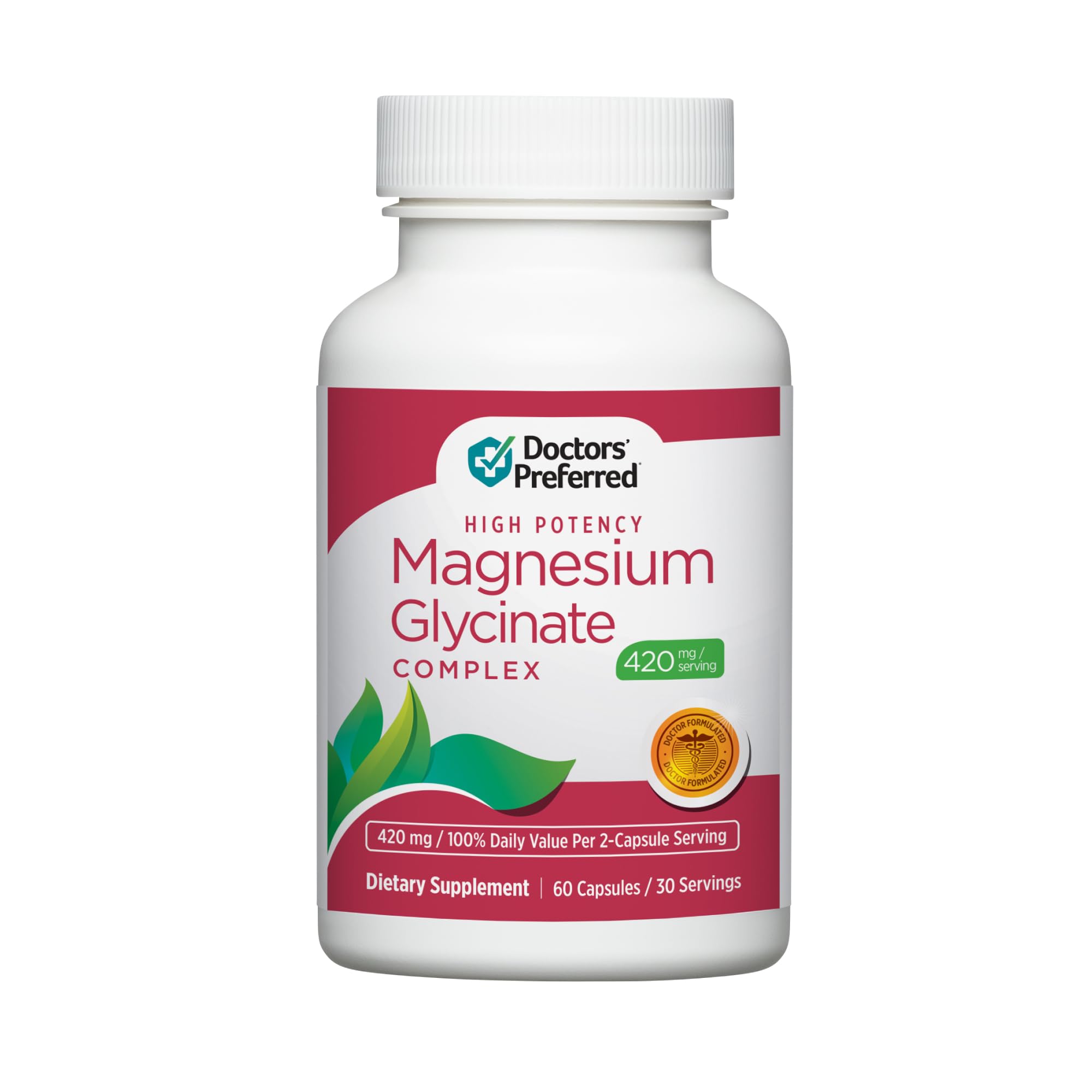 Bottle of DOCTORS' PREFERRED High Potency Magnesium Glycinate 420 mg per serving with 30-day supply