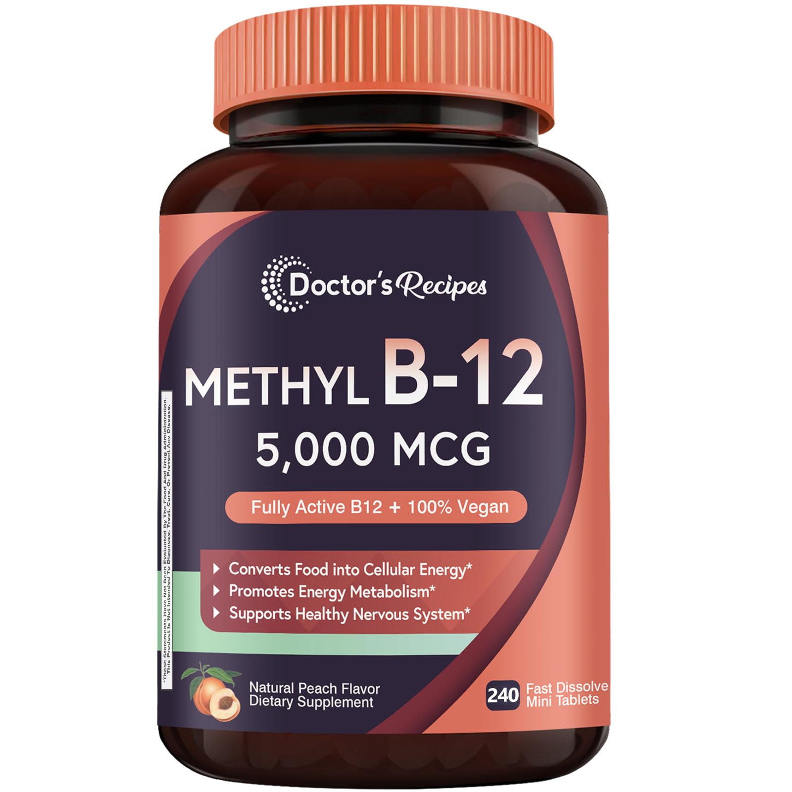 Main product shot of Doctor's Recipes Methyl B12 5000 mcg Peach flavor fast-dissolve tablets