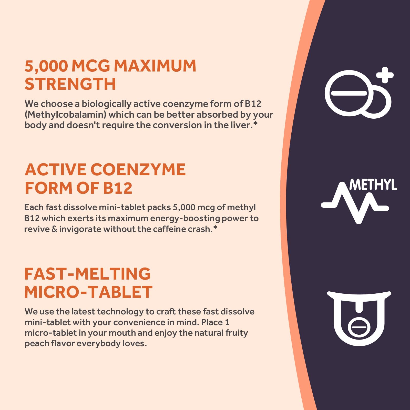 Peach-flavored B12 fast-dissolve tablet close-up