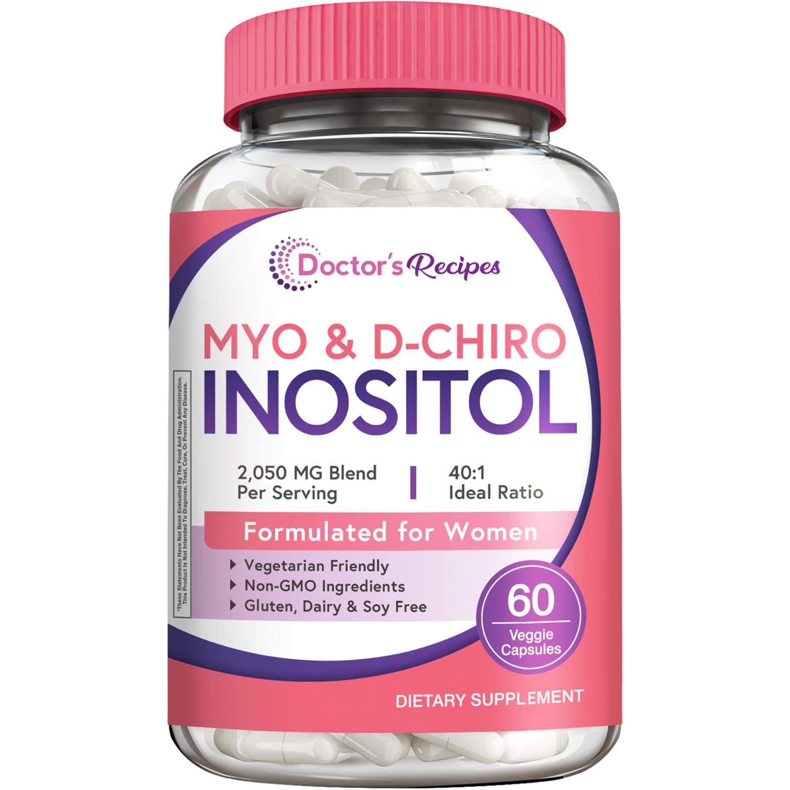 Doctor's Recipes bottle front view showing clean label and 60 vegan capsules benefit clarity