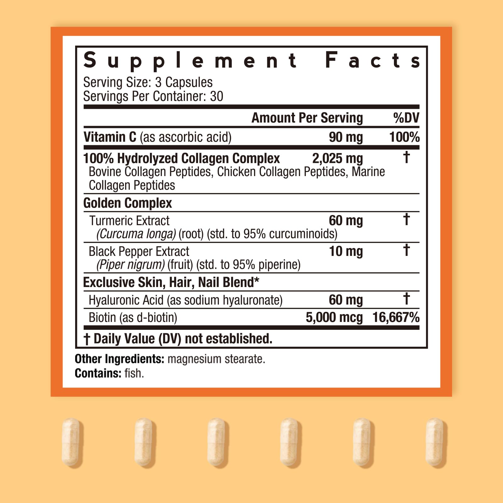 Close-up of collagen capsules and turmeric imagery