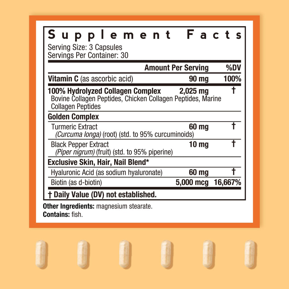Close-up of collagen capsules and turmeric imagery