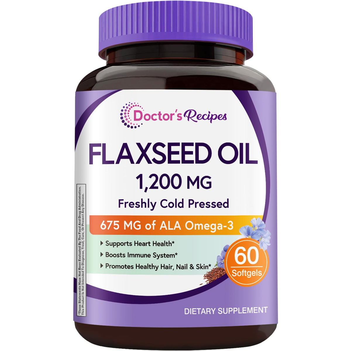 Doctor's Recipes Flaxseed Oil bottle – 1200 mg per softgel, 60 softgels total