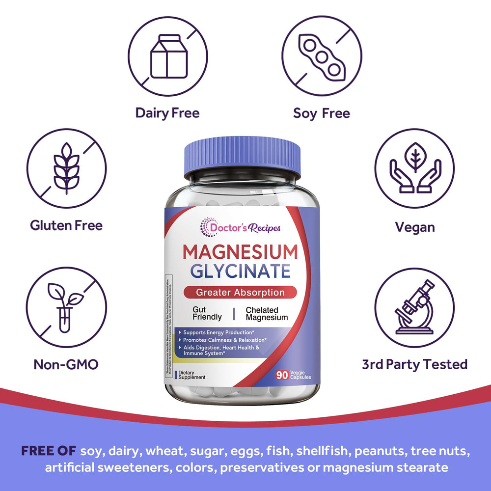 Icons illustrating bone, heart, energy, and nerve support from magnesium glycinate