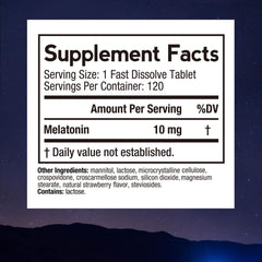 Close-up of melatonin fast-dissolve tablet showing strawberry flavor