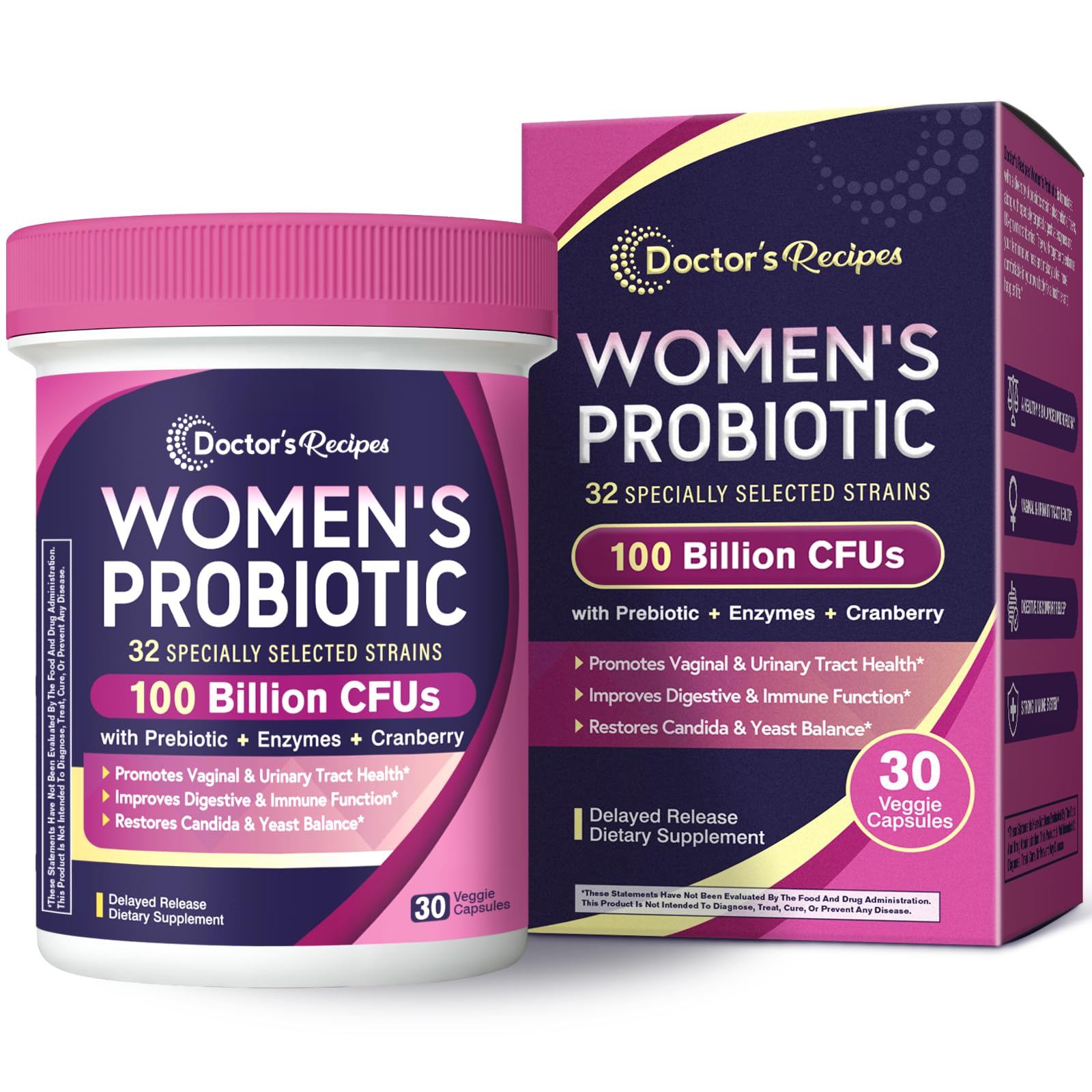 Bottle of Doctor's Recipes Probiotics for Women 100B CFU, 32 strains, 30 capsules