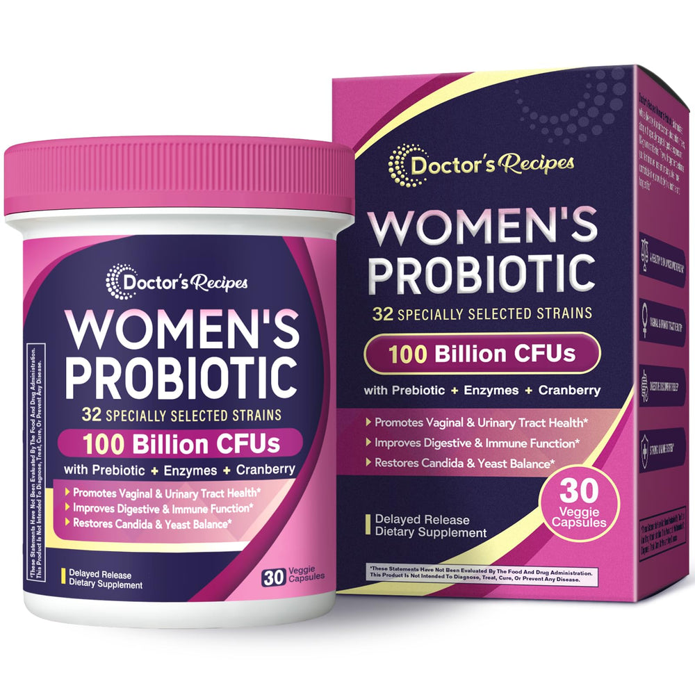Bottle of Doctor's Recipes Probiotics for Women 100B CFU, 32 strains, 30 capsules