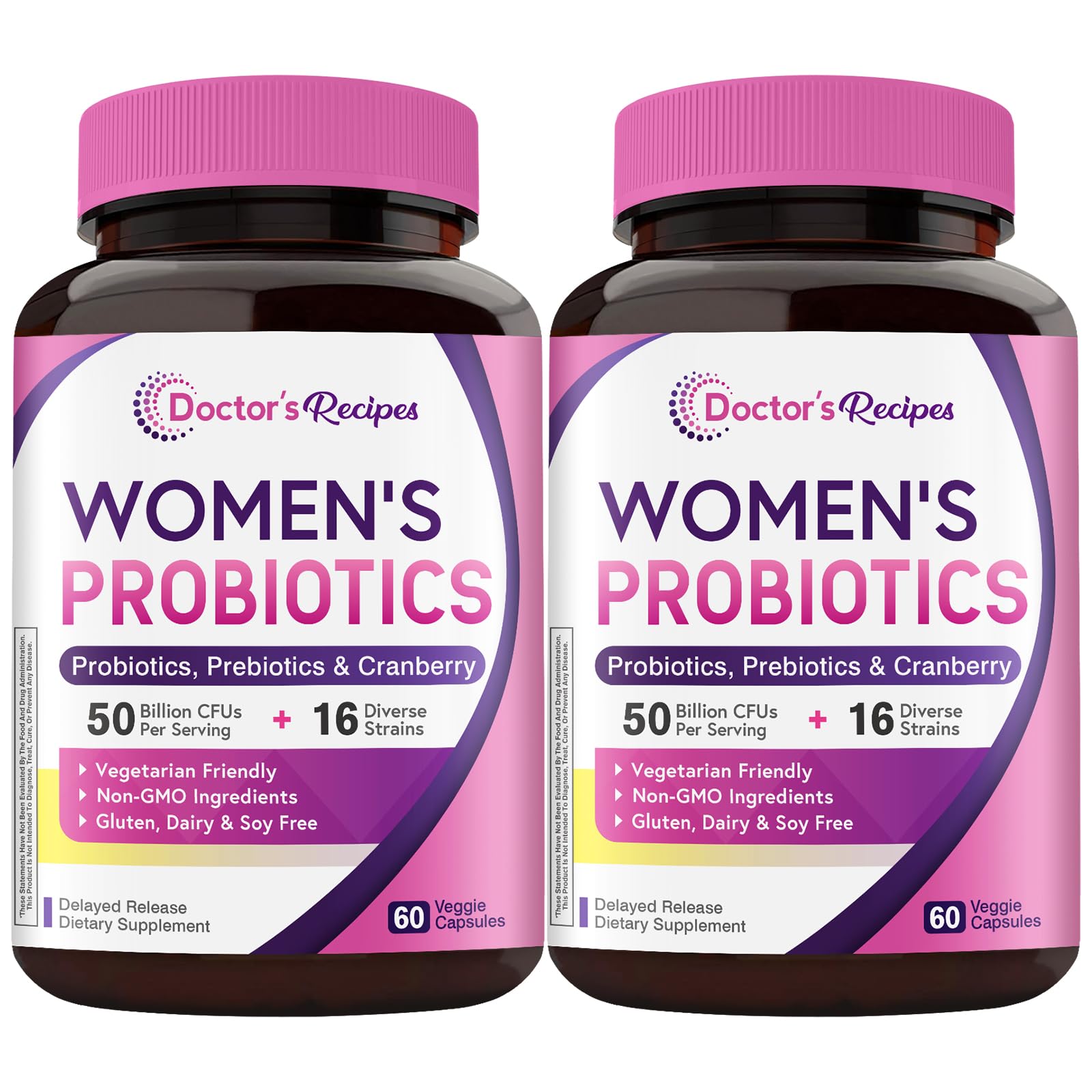 Doctor's Recipes Women's Probiotics bottle shows 50B CFU and 16 strains for daily gut support