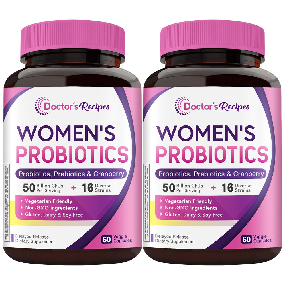 Doctor's Recipes Women's Probiotics bottle shows 50B CFU and 16 strains for daily gut support