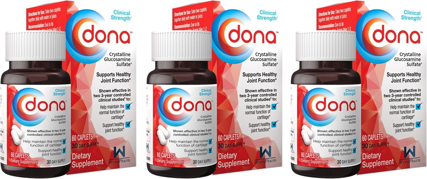 DONA Crystalline Glucosamine Sulfate 60 Caplets 3-Pack bottle front view