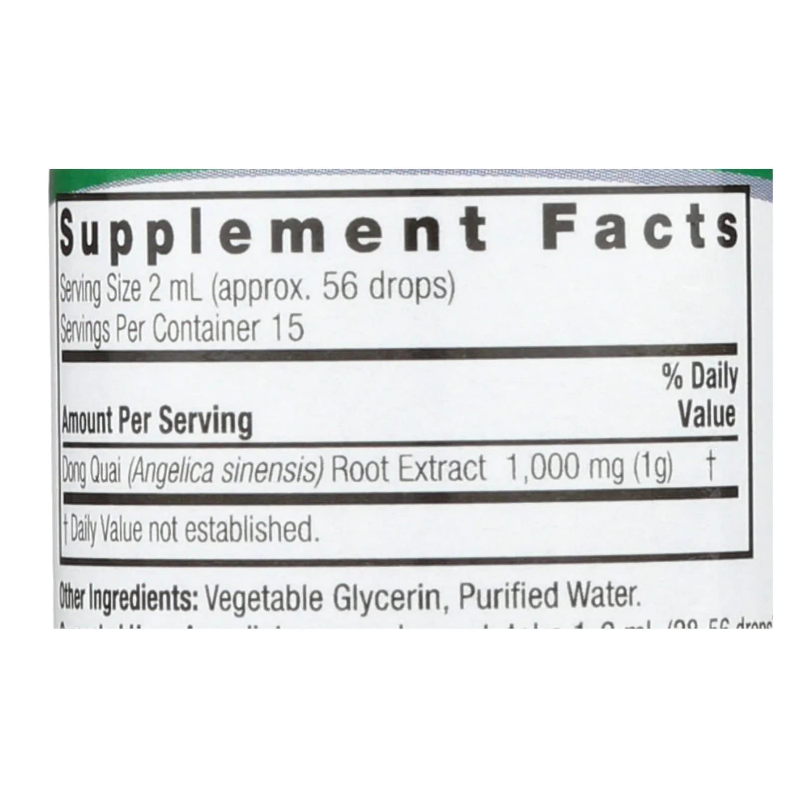 Close-up of Nature's Answer Dong Quai Root Fluid Extract bottle label for women's hormonal support.