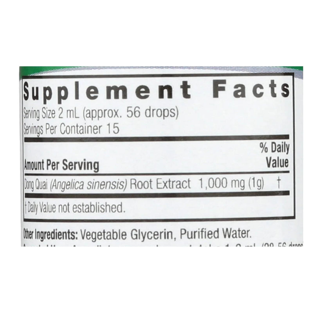 Close-up of Nature's Answer Dong Quai Root Fluid Extract bottle label for women's hormonal support.