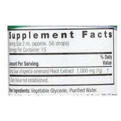 Close-up of Nature's Answer Dong Quai Root Fluid Extract bottle label for women's hormonal support.