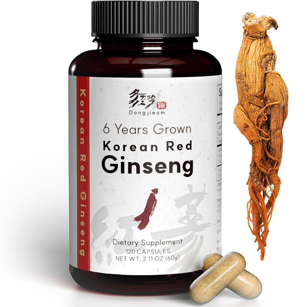 Dongjieum Korean Red Ginseng 6-Year Root 120 Vegan Capsules bottle on display
