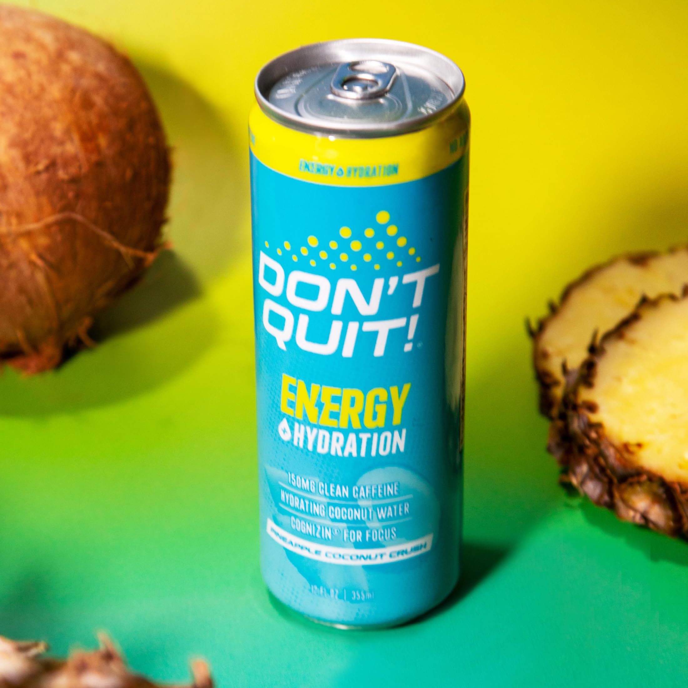 DON’T QUIT Pineapple Coconut Crush energy drink can close-up, 12-pack