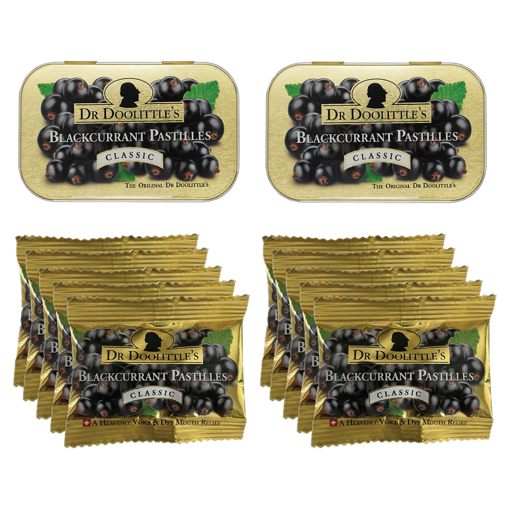 Two DOOLITTLE Dr Classic Soft Fruit Pastilles Blackcurrant tins, 2.12 oz each