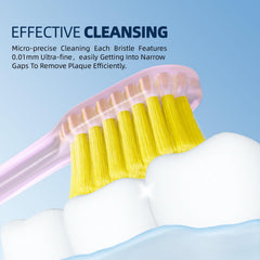 Close-up of ultra-soft PBT bristles for sensitive gums