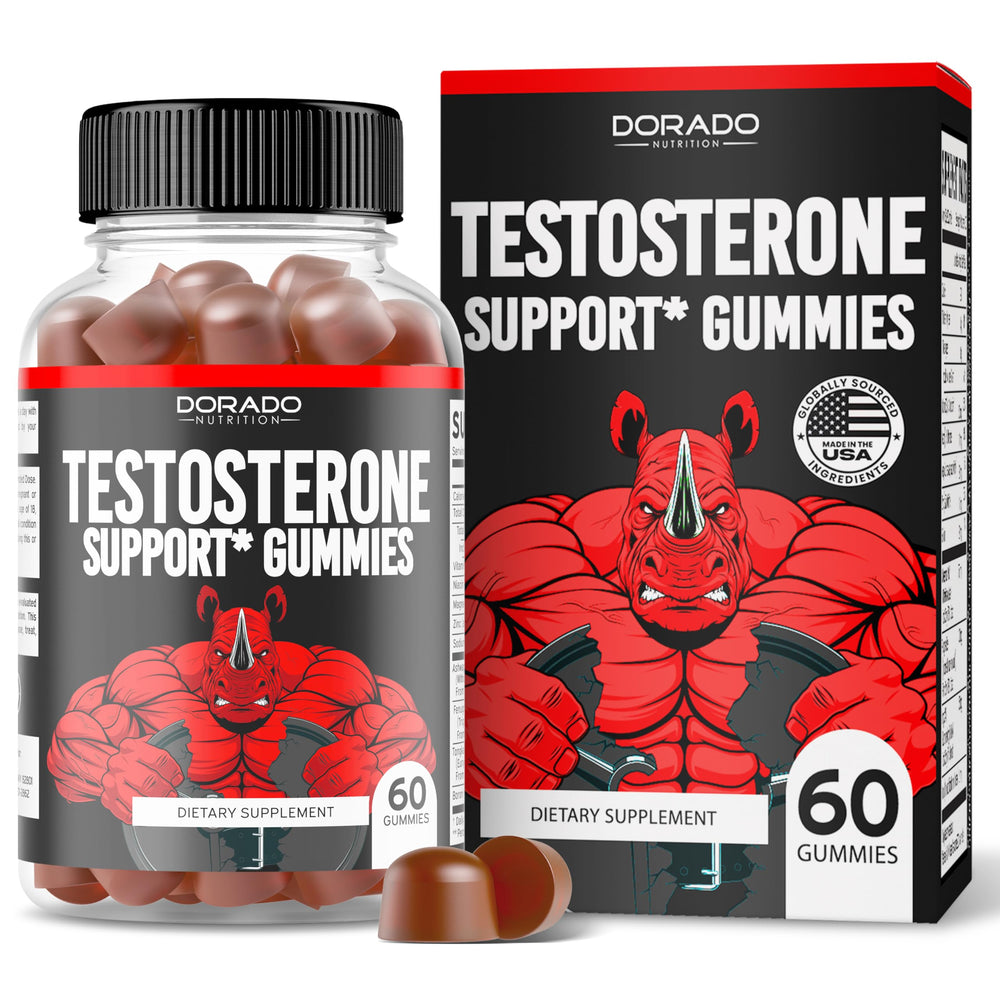 Dorado Nutrition Testosterone Gummies jar label highlights premium formula for daily energy support.