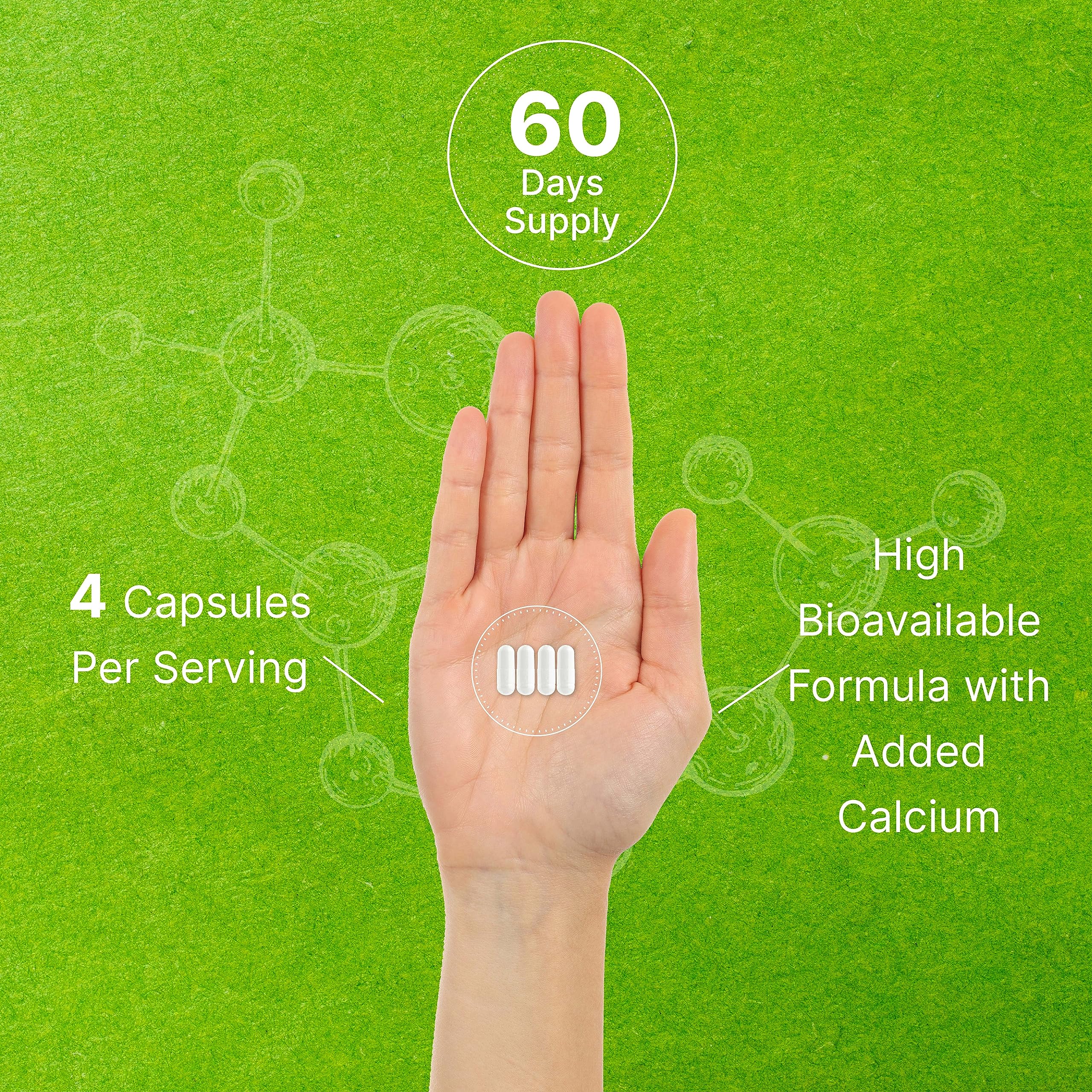 Close-up of dosage instruction: 4 capsules per serving