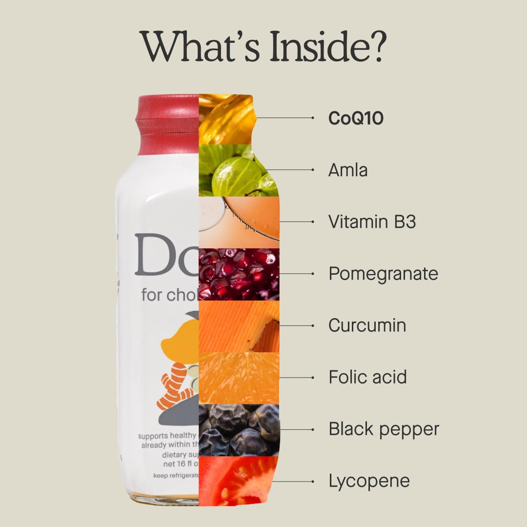 Close-up of DOSE cholesterol ingredients including CoQ10 and curcumin