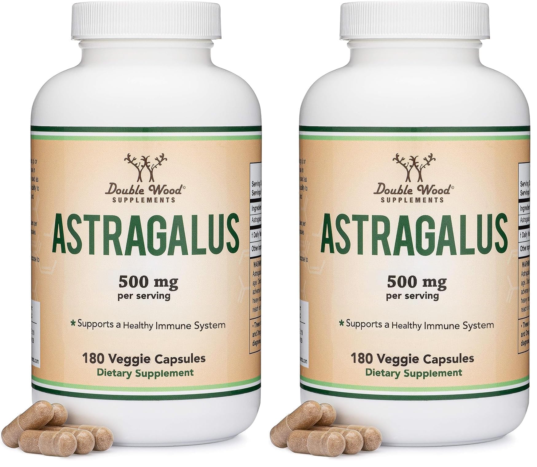 Two bottles of Double Wood Astragalus 500mg Immune Support 180 capsules each