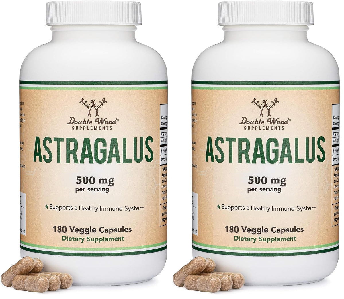 Two bottles of Double Wood Astragalus 500mg Immune Support 180 capsules each