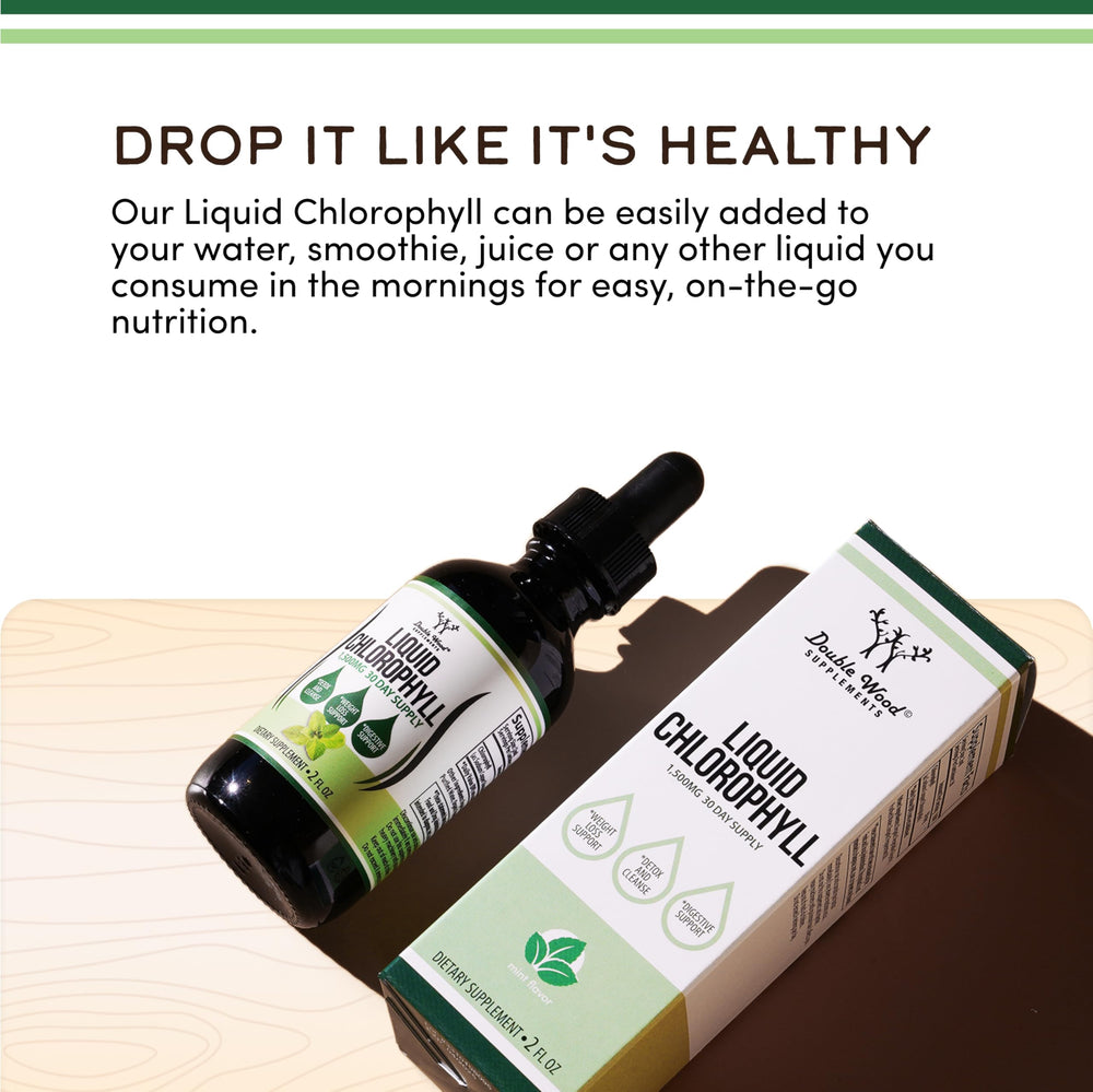 Double Wood Chlorophyll Drops peppermint flavor enhances smoothies with a minty twist.