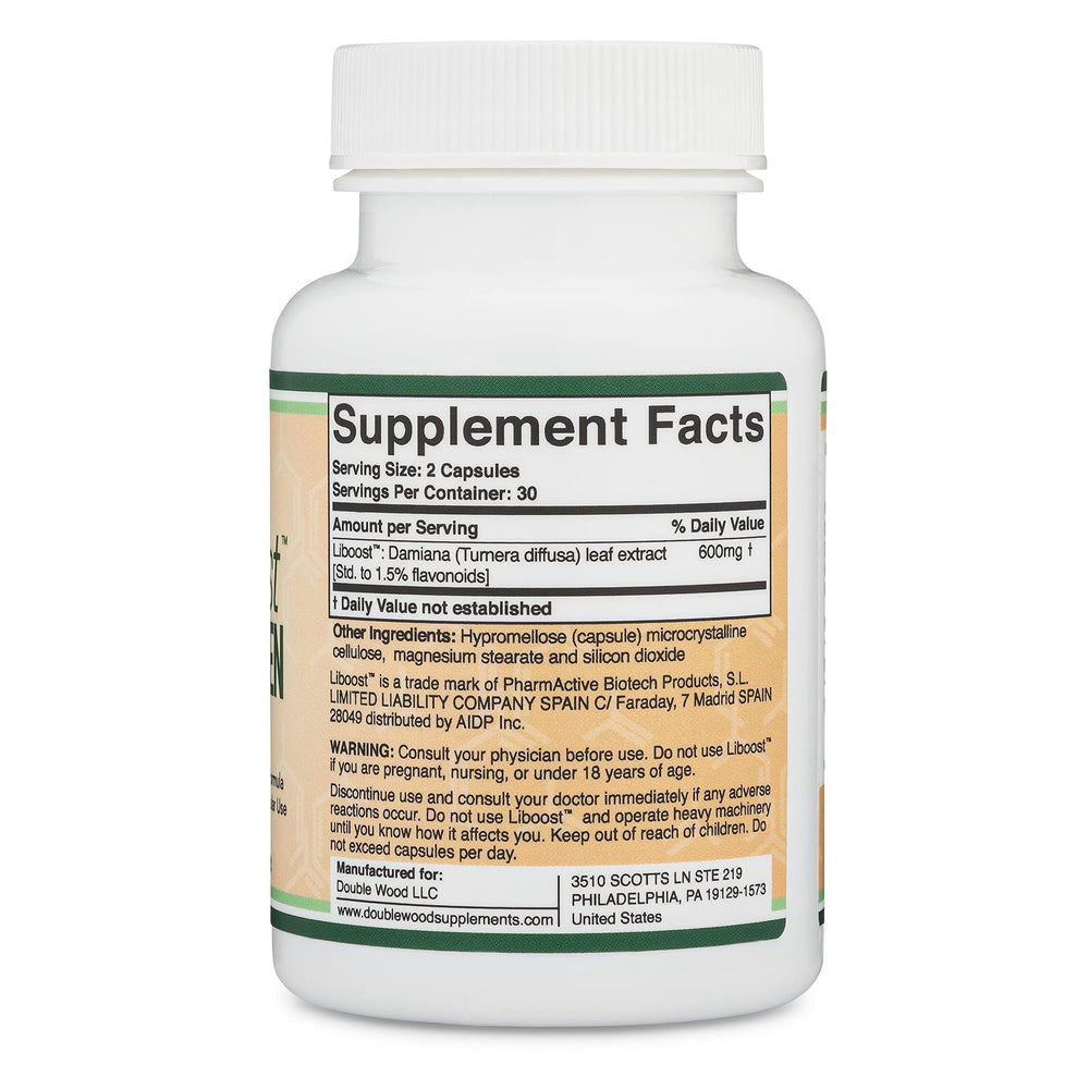 Double Wood Liboost damiana leaf imagery emphasizing herbal libido support.