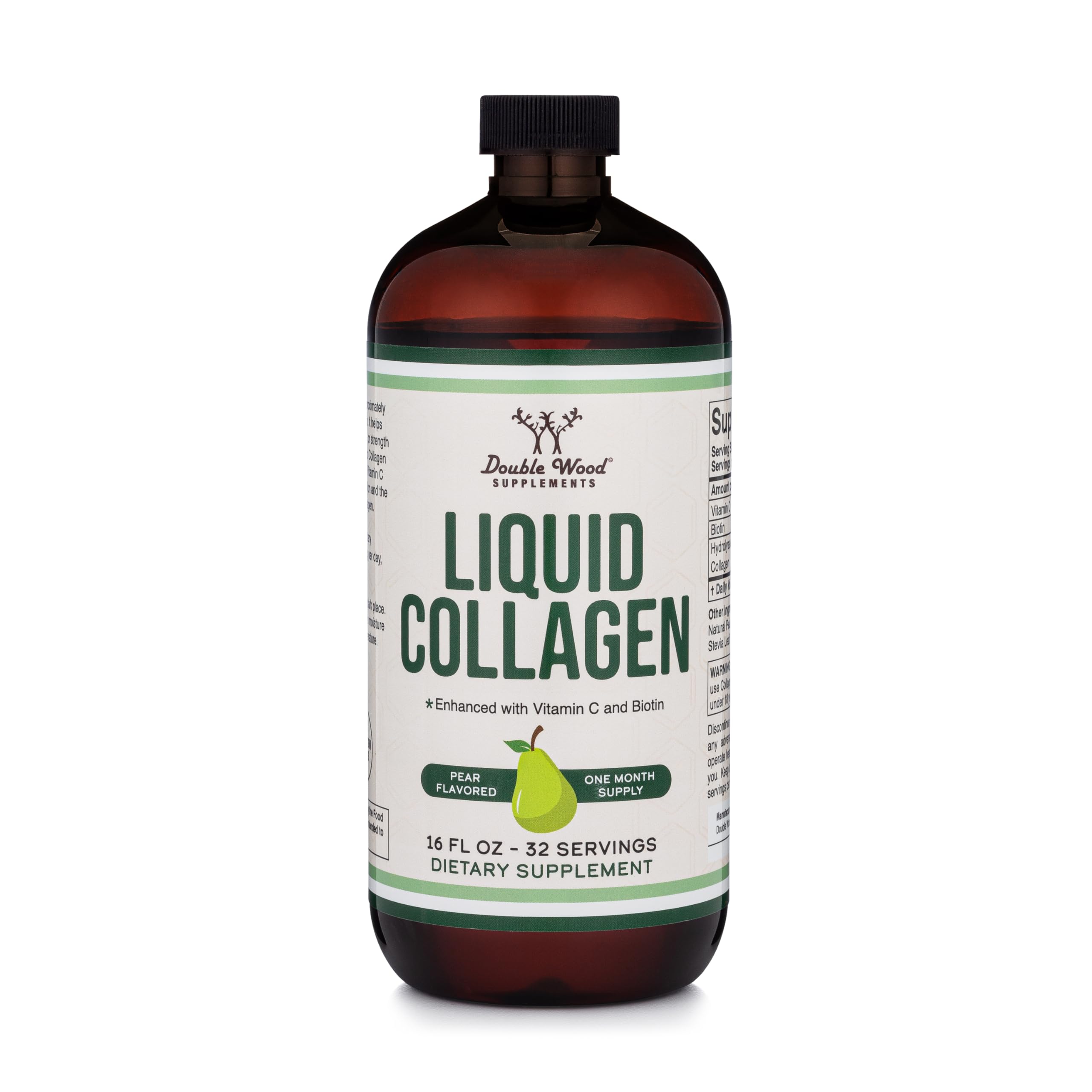 Bottle of Double Wood Liquid Collagen 2500mg Types 1 & 3 Grass-Fed Pear Flavor close-up