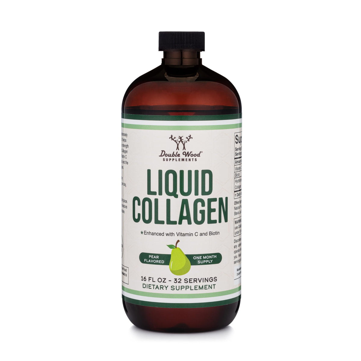 Bottle of Double Wood Liquid Collagen 2500mg Types 1 & 3 Grass-Fed Pear Flavor close-up