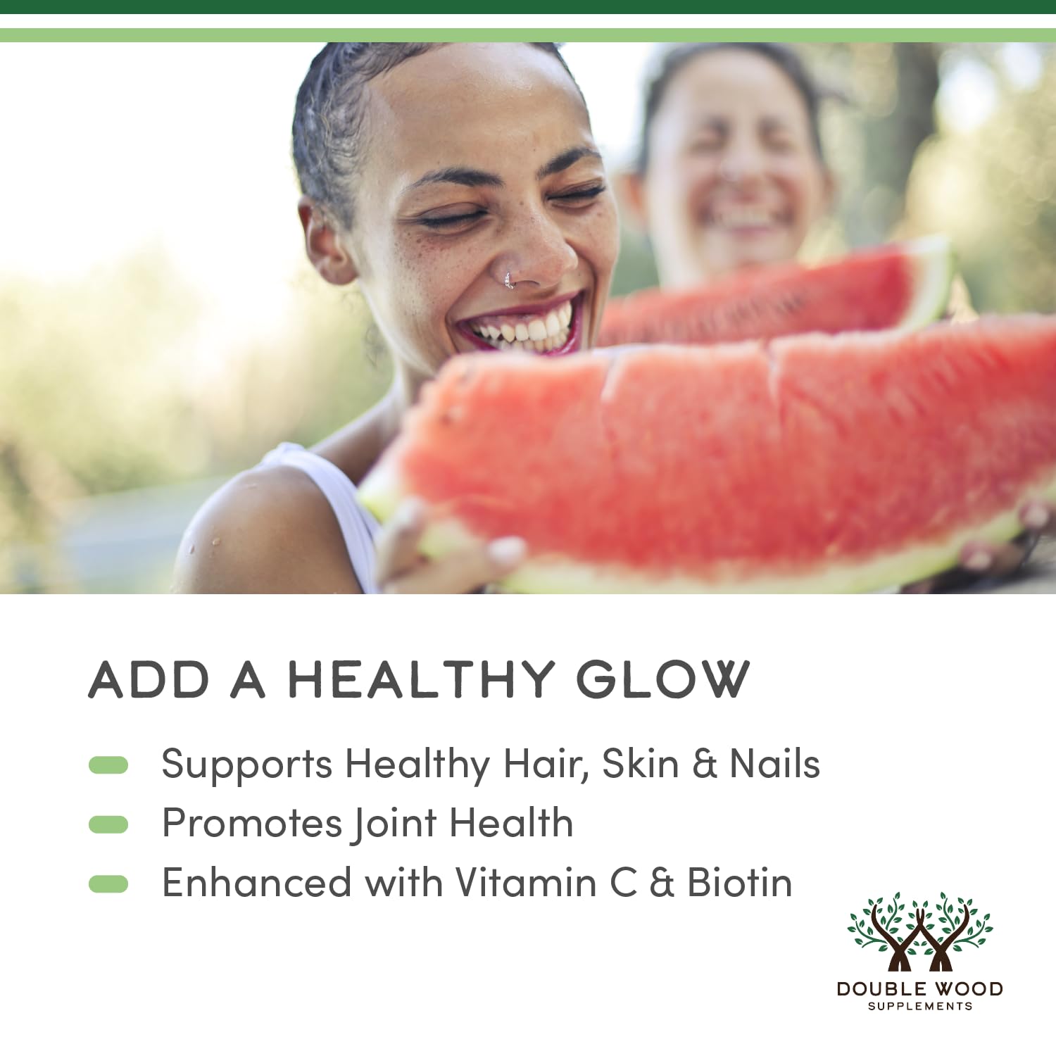 Biotin 30mcg supplement shown with collagen for hair and nails