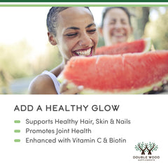 Biotin 30mcg supplement shown with collagen for hair and nails