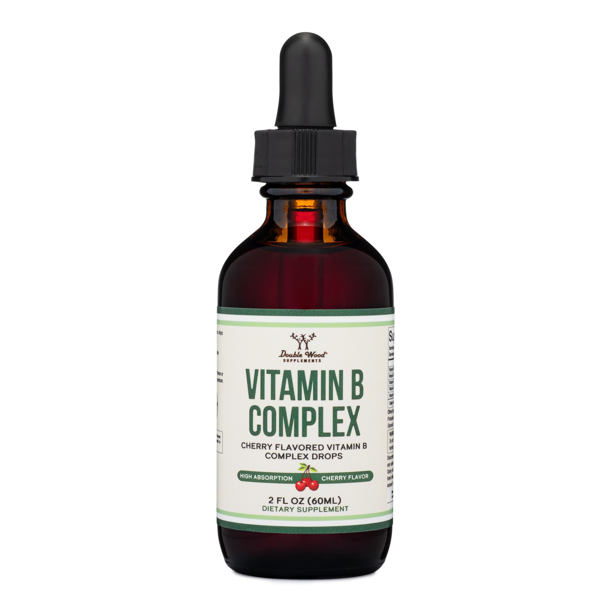 Bottle of Double Wood Liquid Vitamin B Complex Cherry flavor (2 FL OZ) with dropper