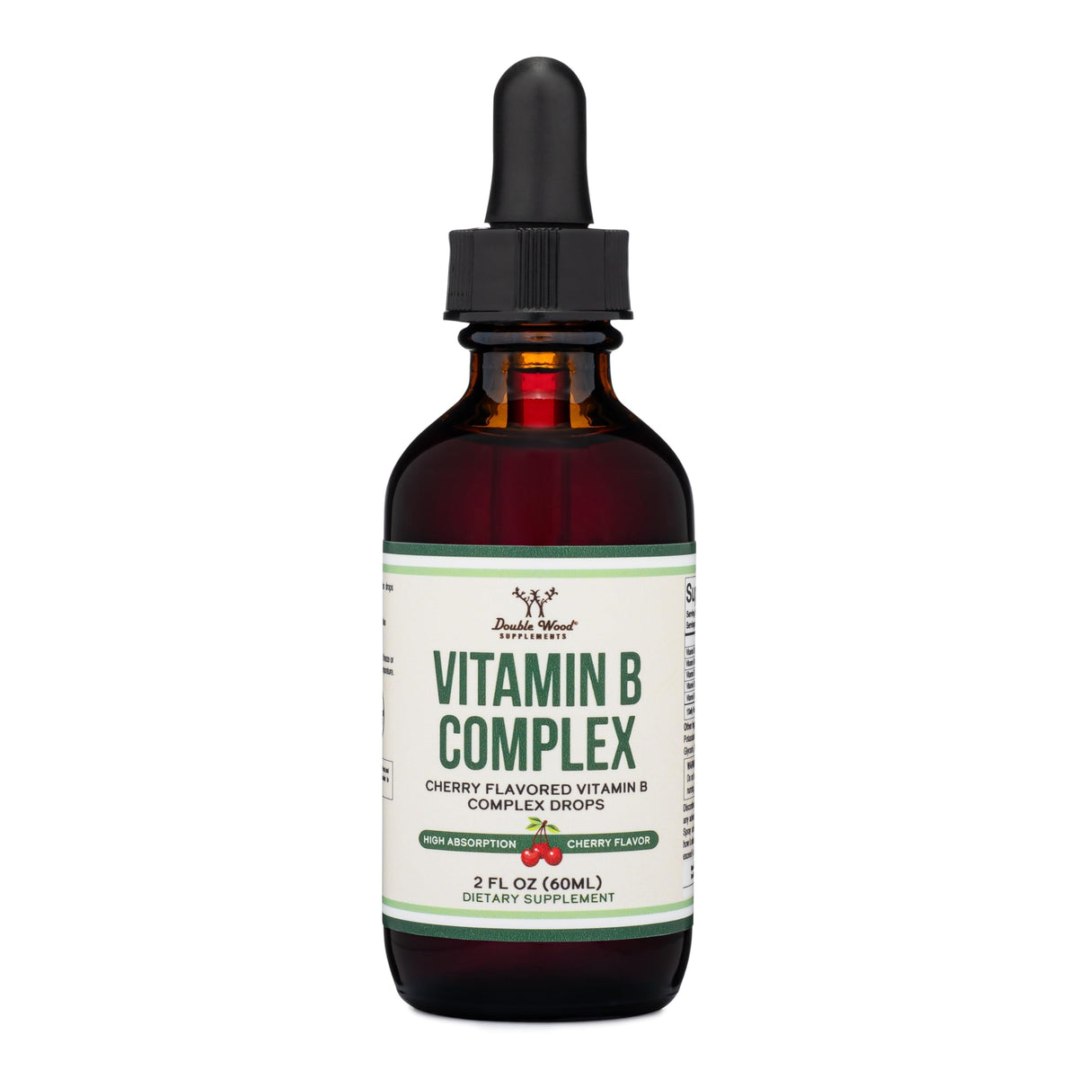 Bottle of Double Wood Liquid Vitamin B Complex Cherry flavor (2 FL OZ) with dropper
