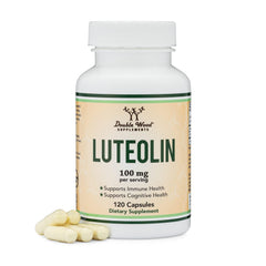 Bottle of Double Wood Luteolin 100mg (120 capsules, gluten-free) with label