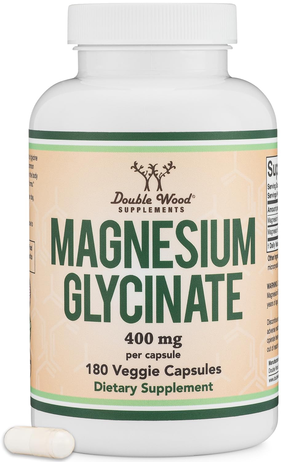 Double Wood Magnesium Glycinate 400mg bottle front with clear label for everyday wellness