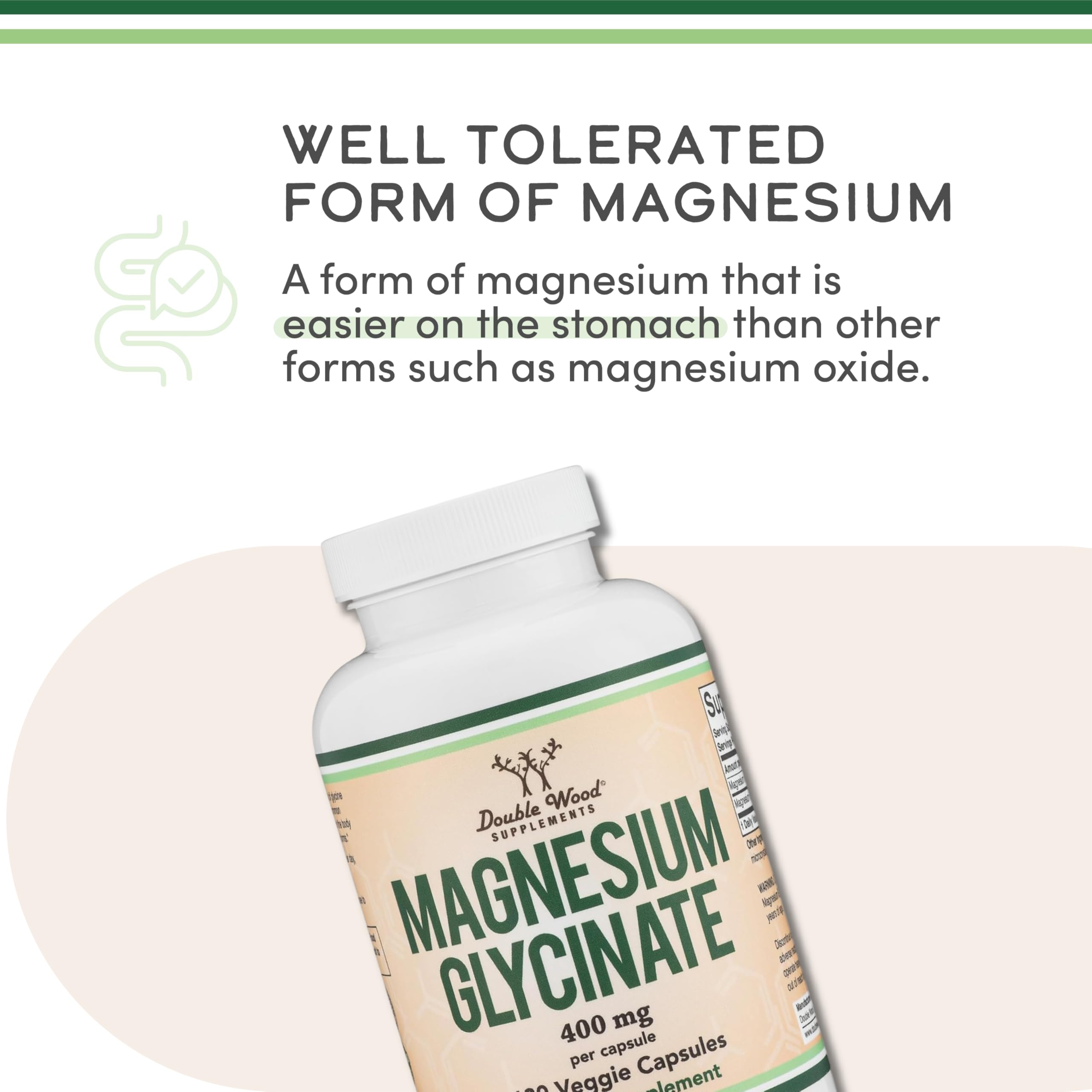 Double Wood Magnesium Glycinate 400mg capsules appear as easy-to-swallow soft capsules