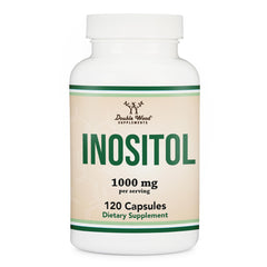 Double Wood bottle front view showing myo-inositol label and benefits