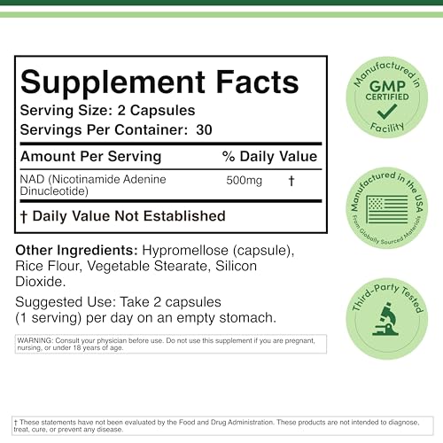 NAD+ 500 mg per serving label on bottle