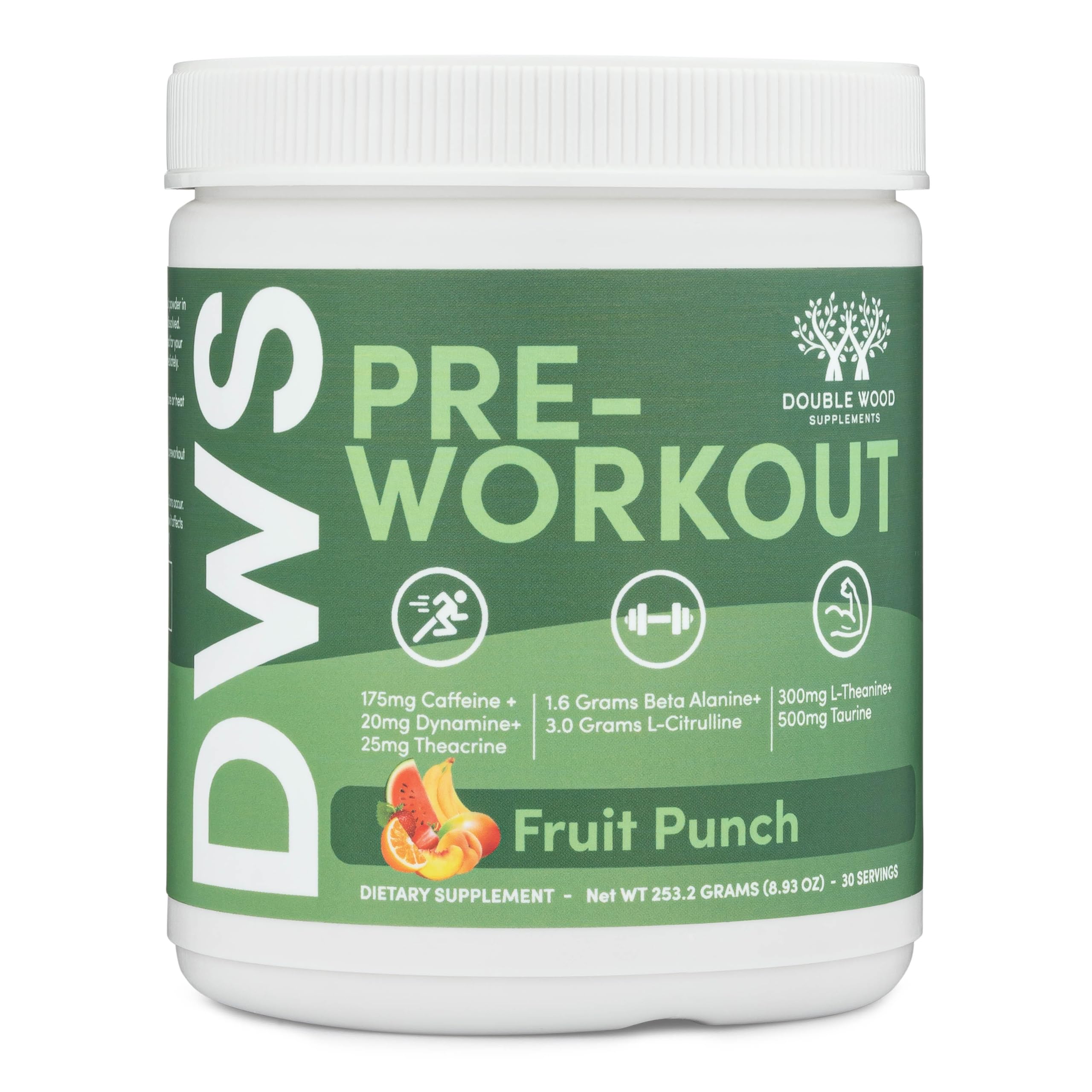 Double Wood preworkout blue raspberry powder jar boosts energy for workouts