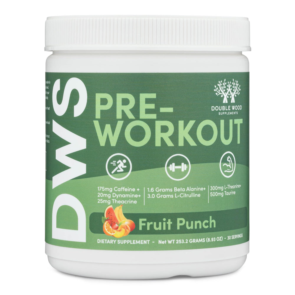 Double Wood preworkout blue raspberry powder jar boosts energy for workouts