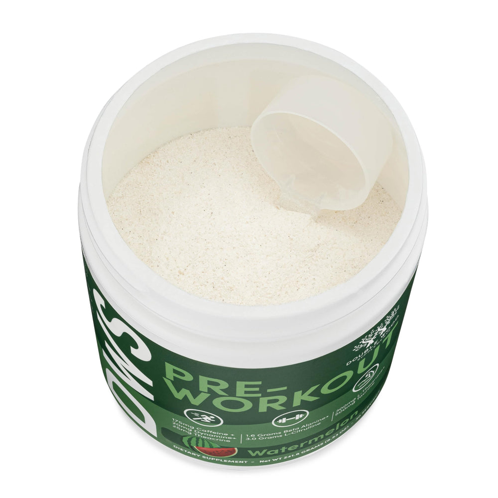 Double Wood preworkout bottle shot suggests long-lasting energy support.