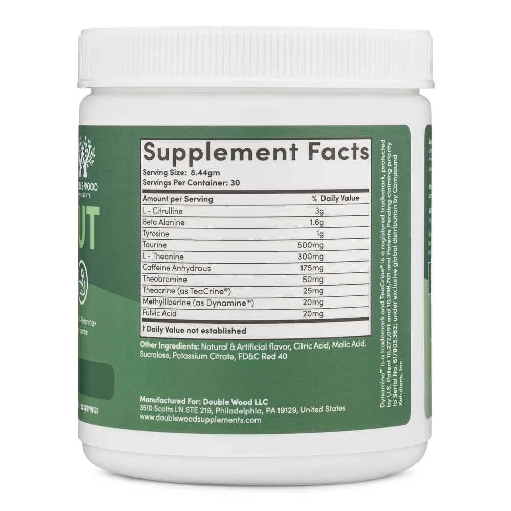 Double Wood preworkout ingredients label shows caffeine and amino acids