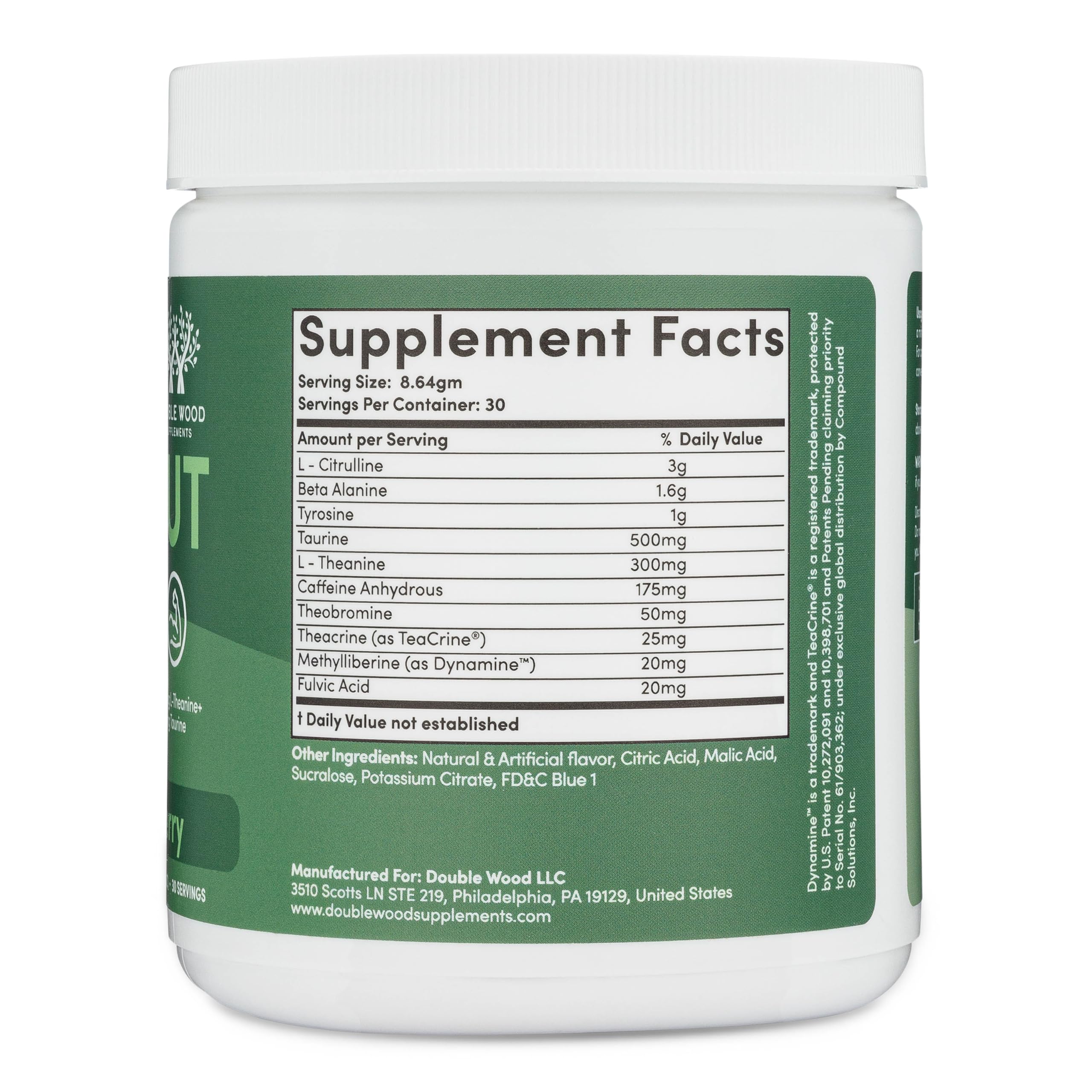 Double Wood Preworkout label closeup highlights ingredients for clean energy.