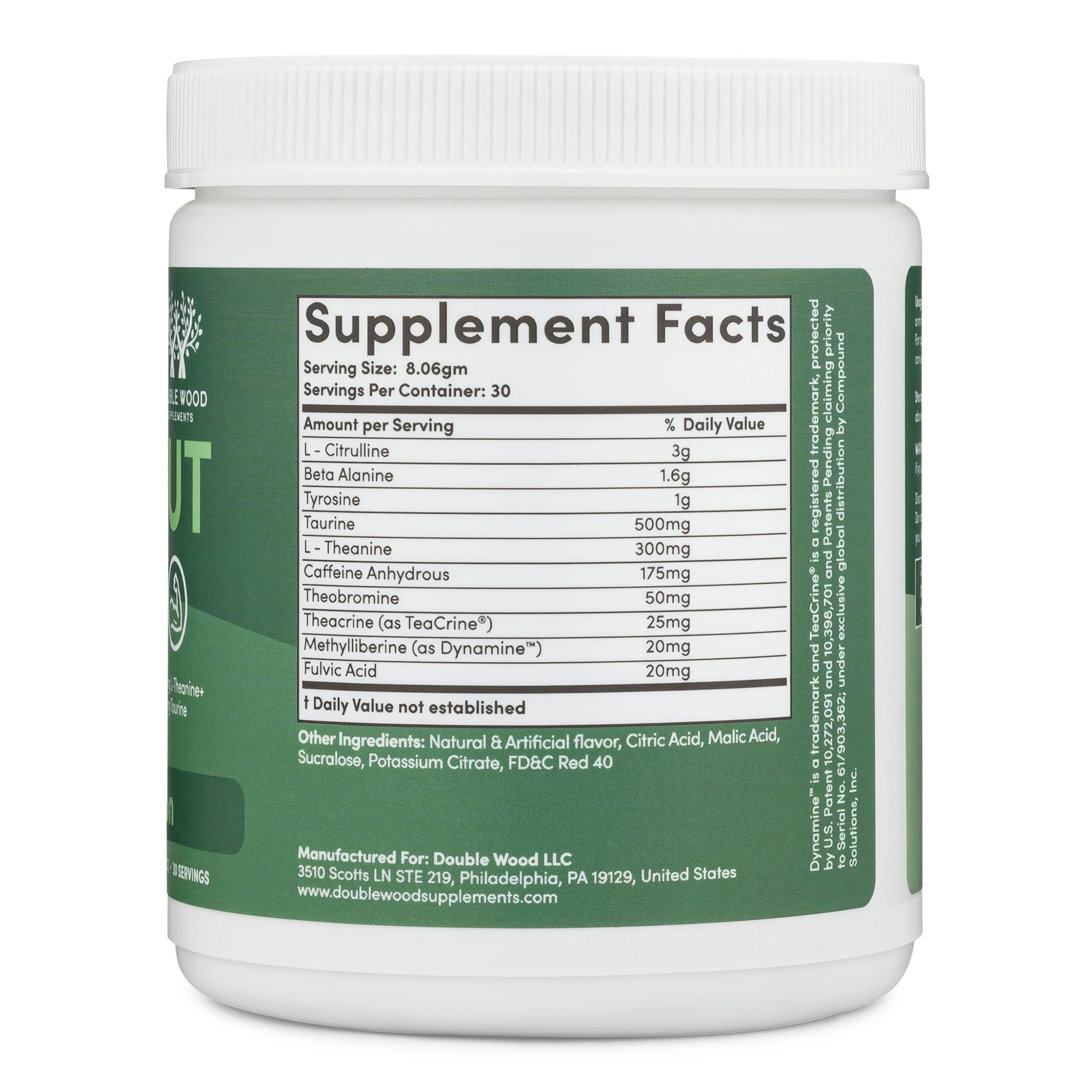 Double Wood preworkout nutrition label highlights caffeine and theanine combo.