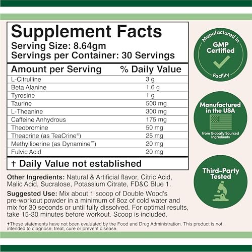 Double Wood Preworkout scoop and bottle shows convenient serving for workouts.